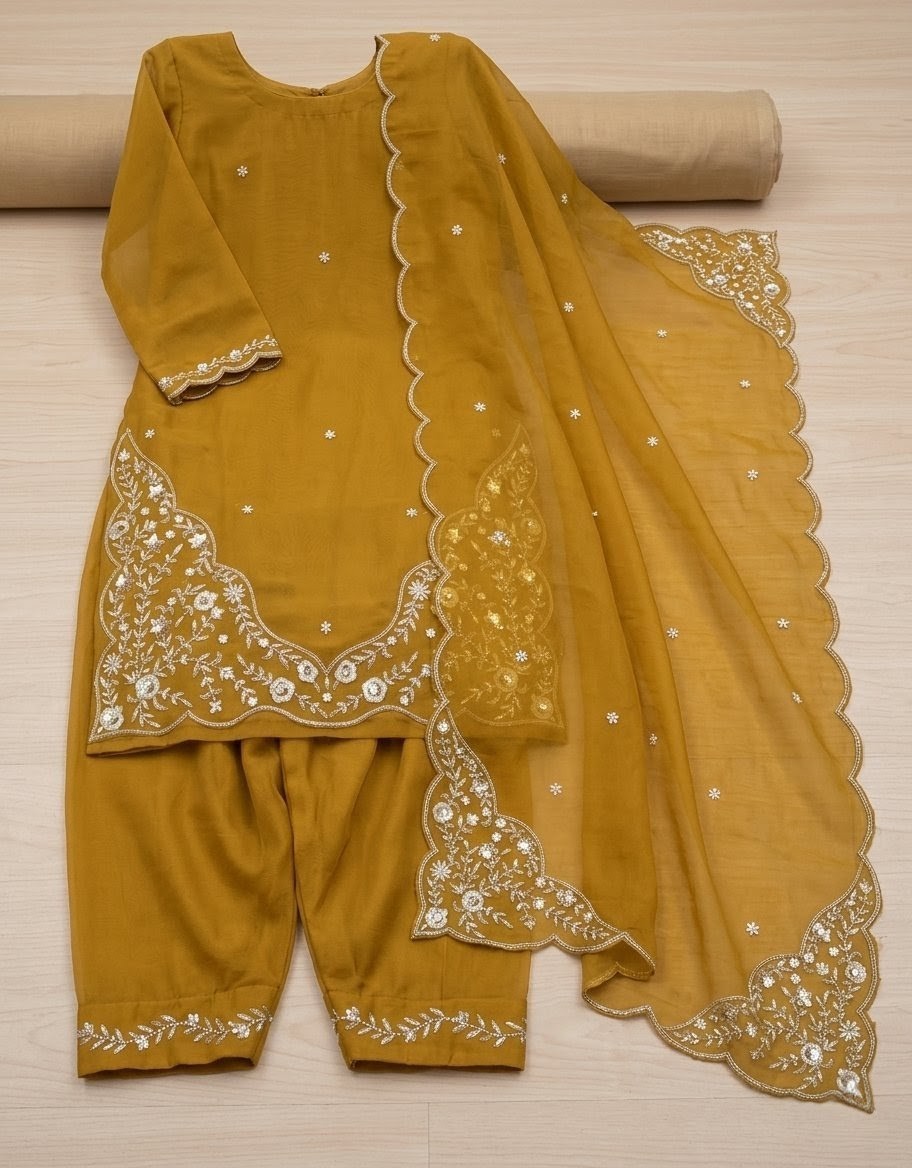 Hand Embroidered Mustard Organza Salwar Kameez Suit Set Custom Size Ethnic Wear