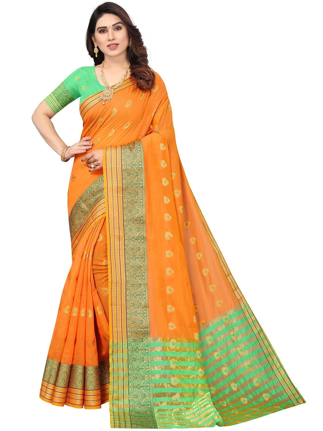 Women’s Jacquard Cotton Blend Golden Zari Woven Saree with Running Boluse Piece