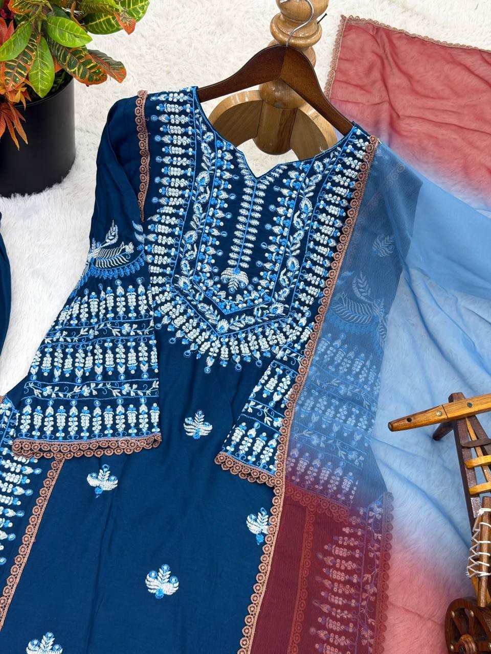 Stylish Look Rayon Cotton Blue Top Palazzo With Dupatta For Function Wear