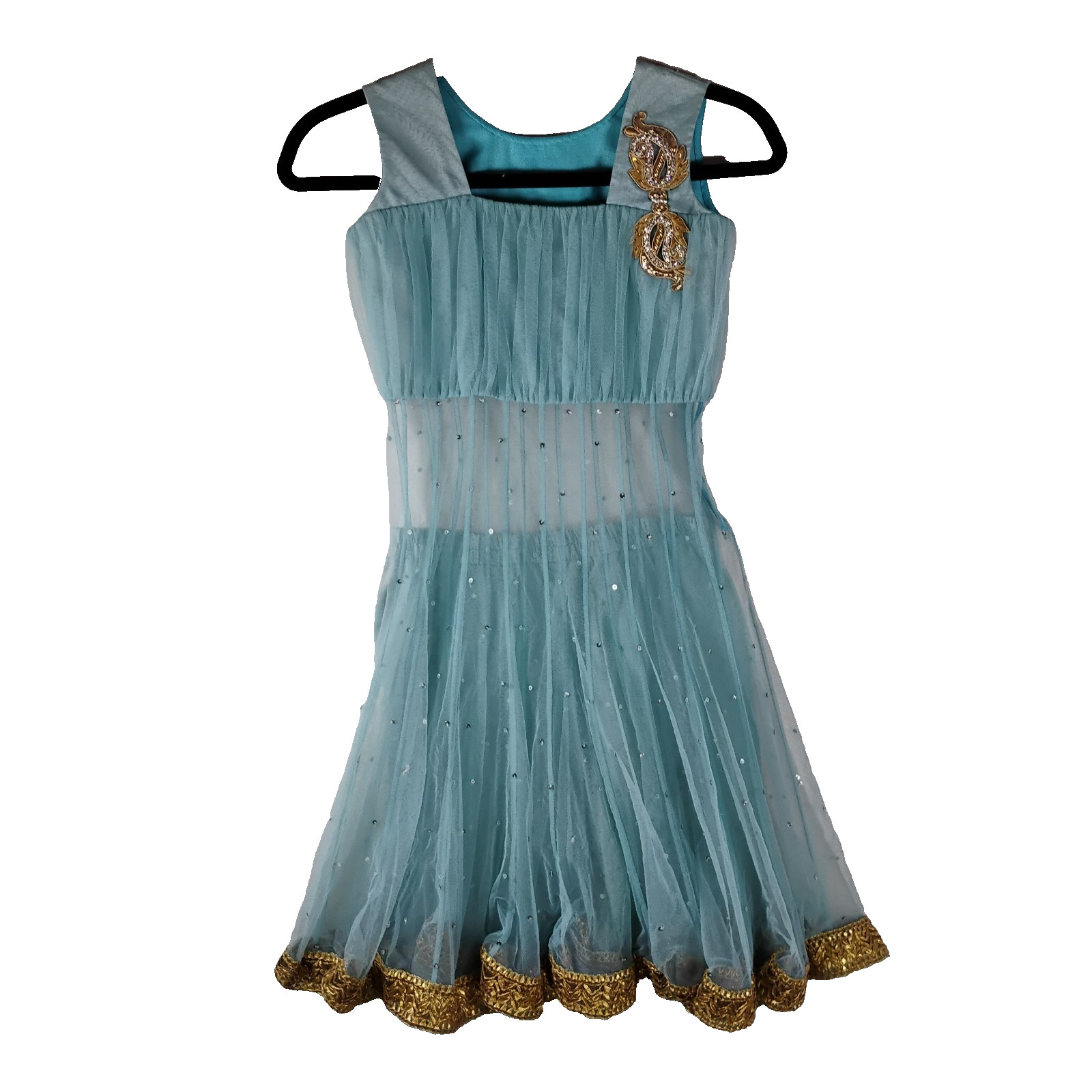 Girls Salwar Kameez Anarkali Set Blue Gold Party Wear Size 8-10? (26″ Chest)