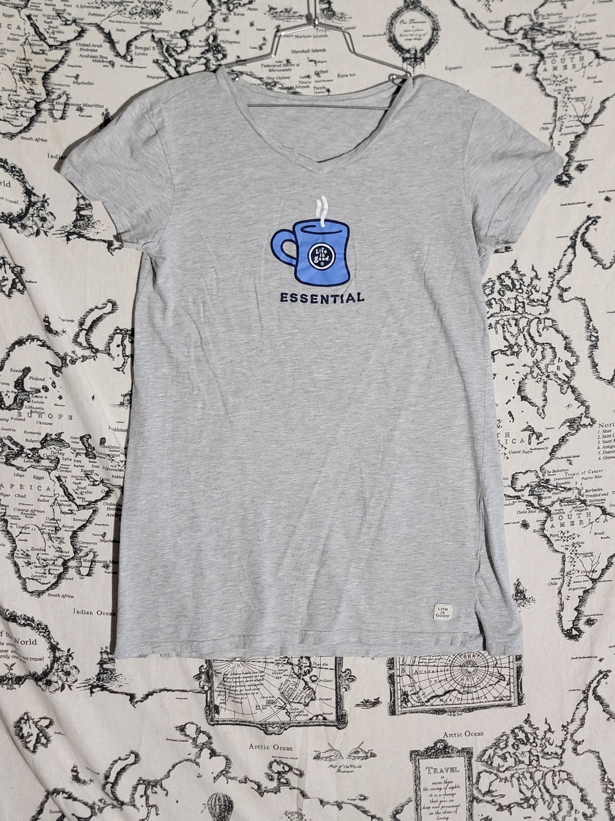 Life is Good Women’s V-Neck T-Shirt “Essential” Coffee Mug Graphic – Size M
