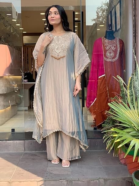 Embroidered A-Line Kurta with Palazzo for Women | Kaftan Sleeve | Round Neck |