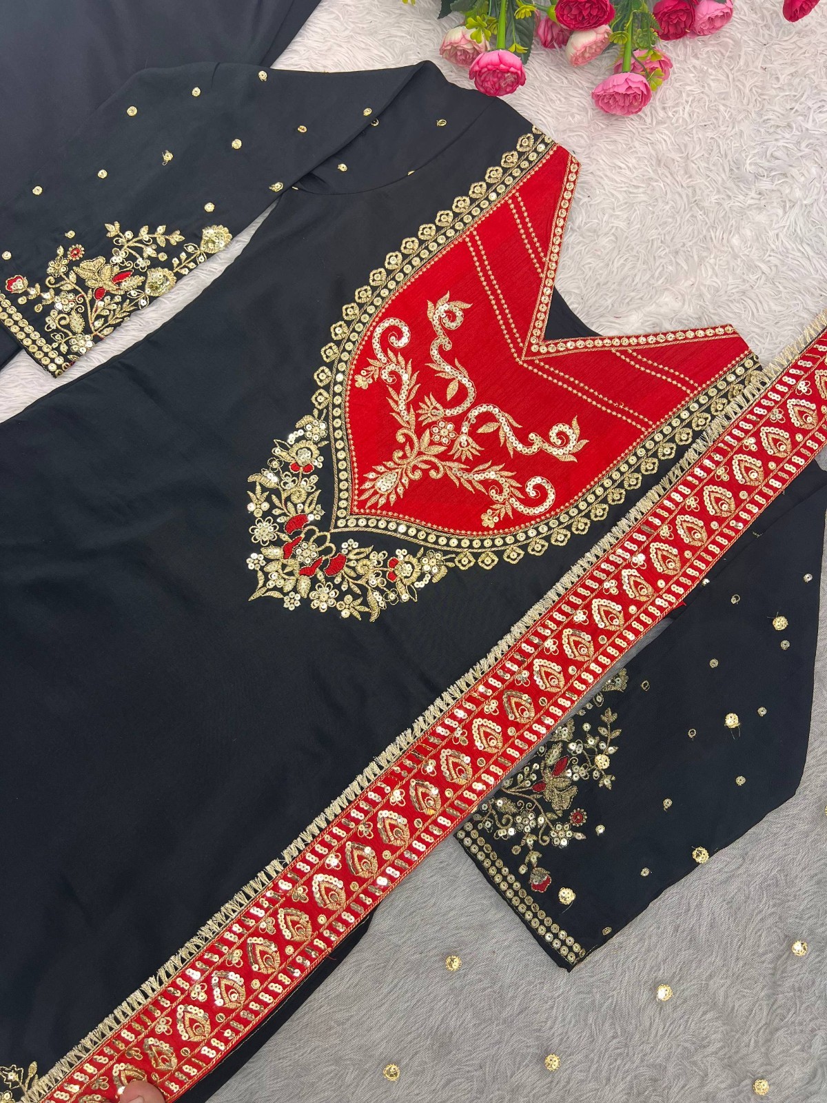 Party Wear Black Maska Cotton Kurta Palazzo With Net Dupatta For Women