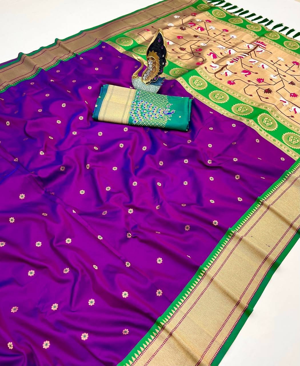 Paithani Silk Saree With Peacock Motifs & Heavy Zari Border Designer Wedding