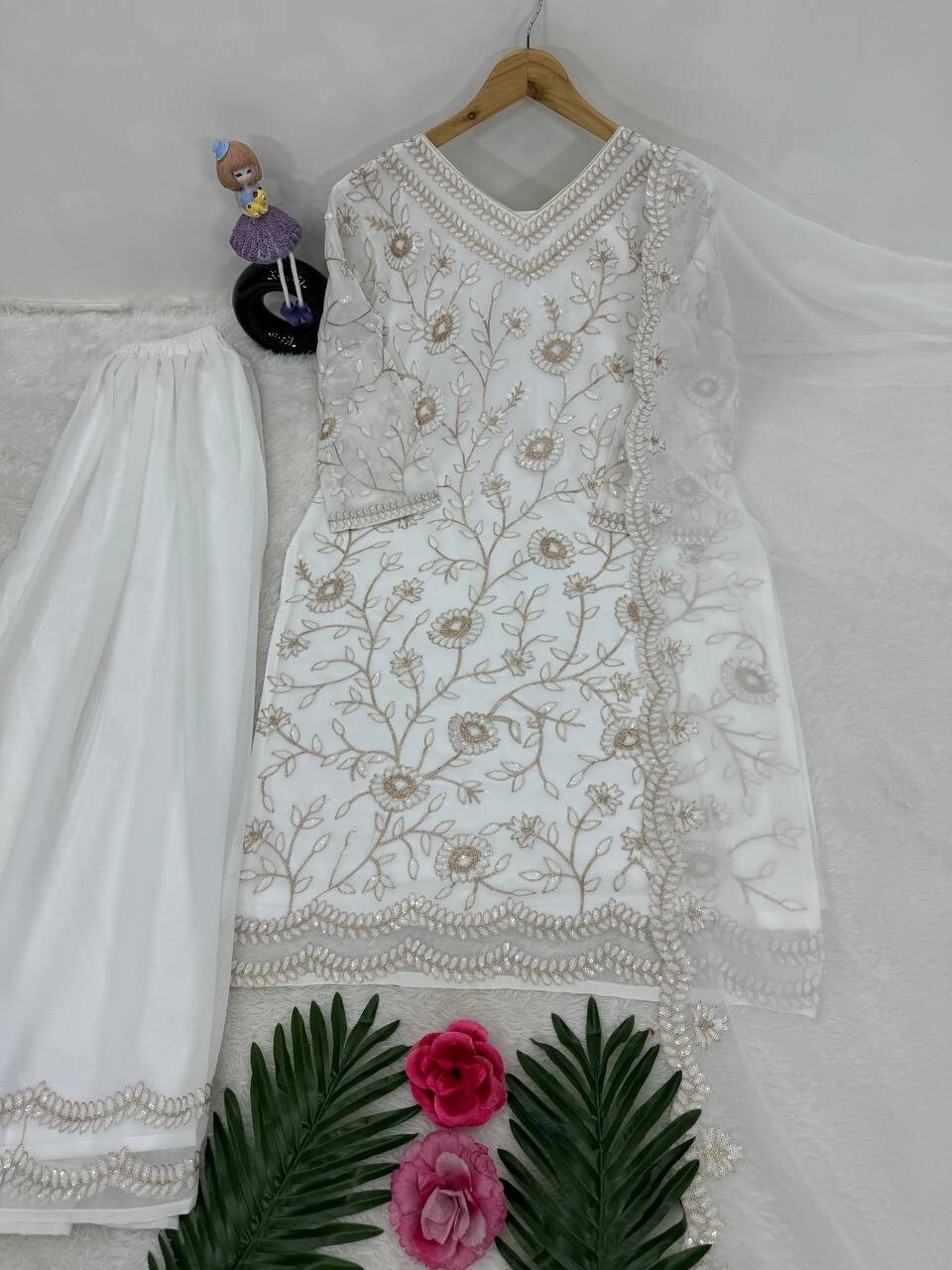 WHITE HEAVY FAUX GEORGETT FANCY KURTA PALAZZO WITH DUPATTA FOR WEDDING