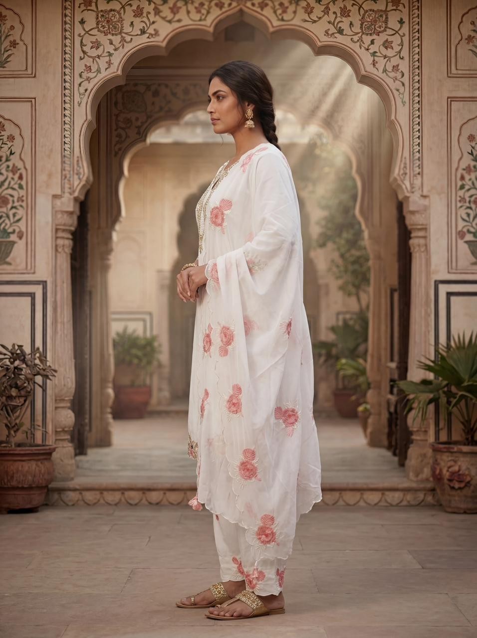 White color embroidered 3-Piece Suit Set for Women | Stylish Kurta