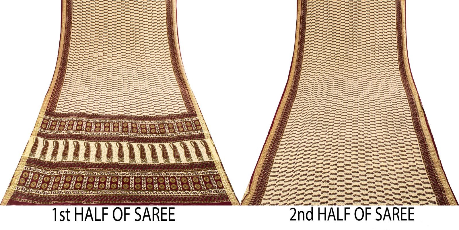 Sanskriti Vintage Beige-Wine Moss Crepe Saree Paisley Printed Fabric 6 Yard Sari