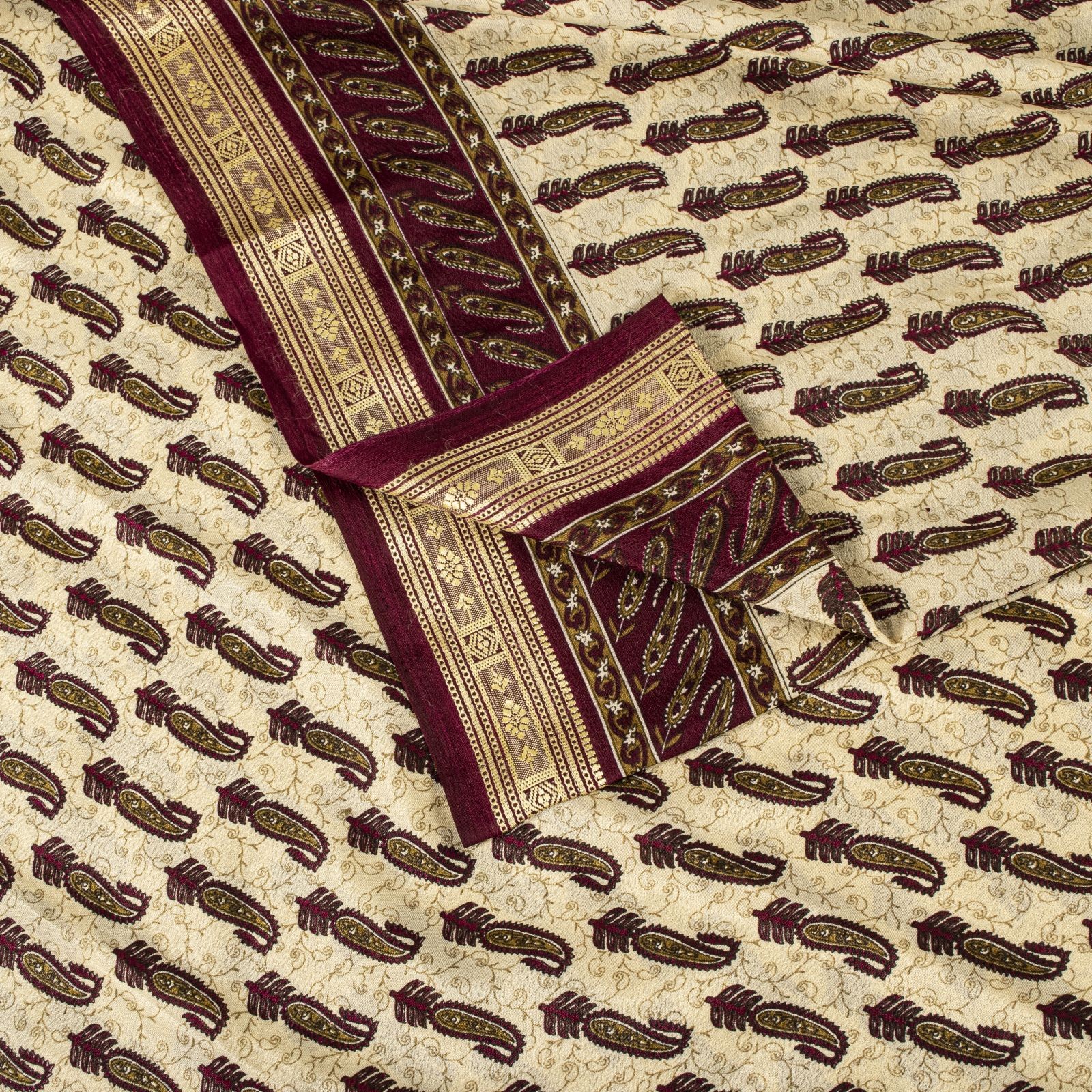 Sanskriti Vintage Beige-Wine Moss Crepe Saree Paisley Printed Fabric 6 Yard Sari