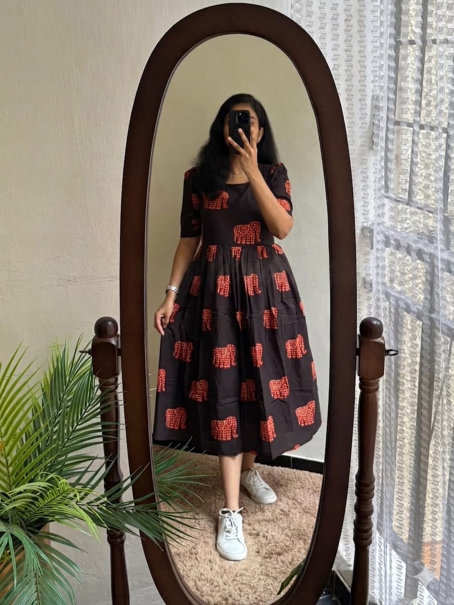 Jaipuri Block Printed Women Middi Kurta Set Indian Party Wear Flared Gown Dress