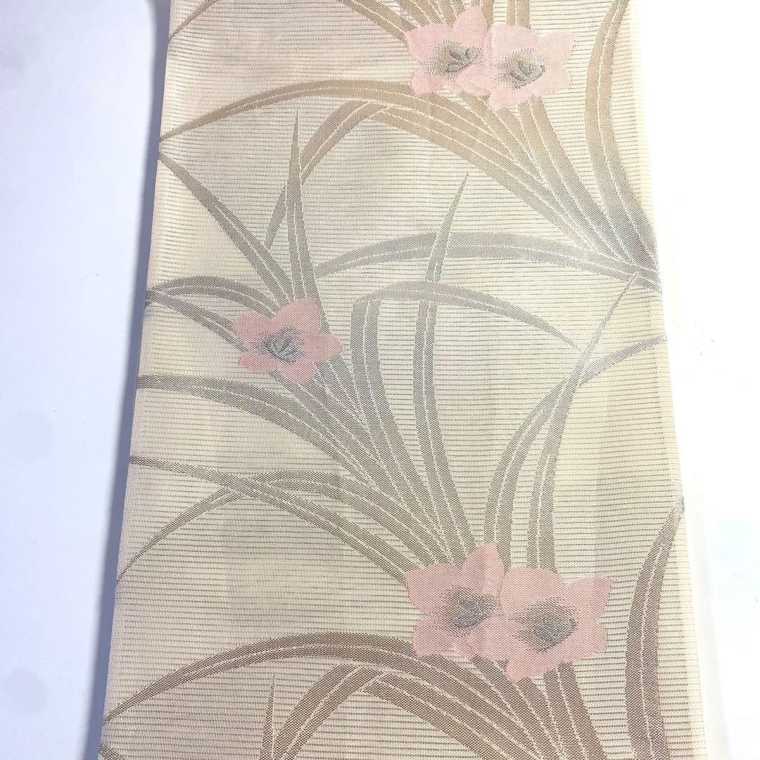 Japanese Silk Summer Ro Fukuro Obi Beige Gold Pink Floral 436cm