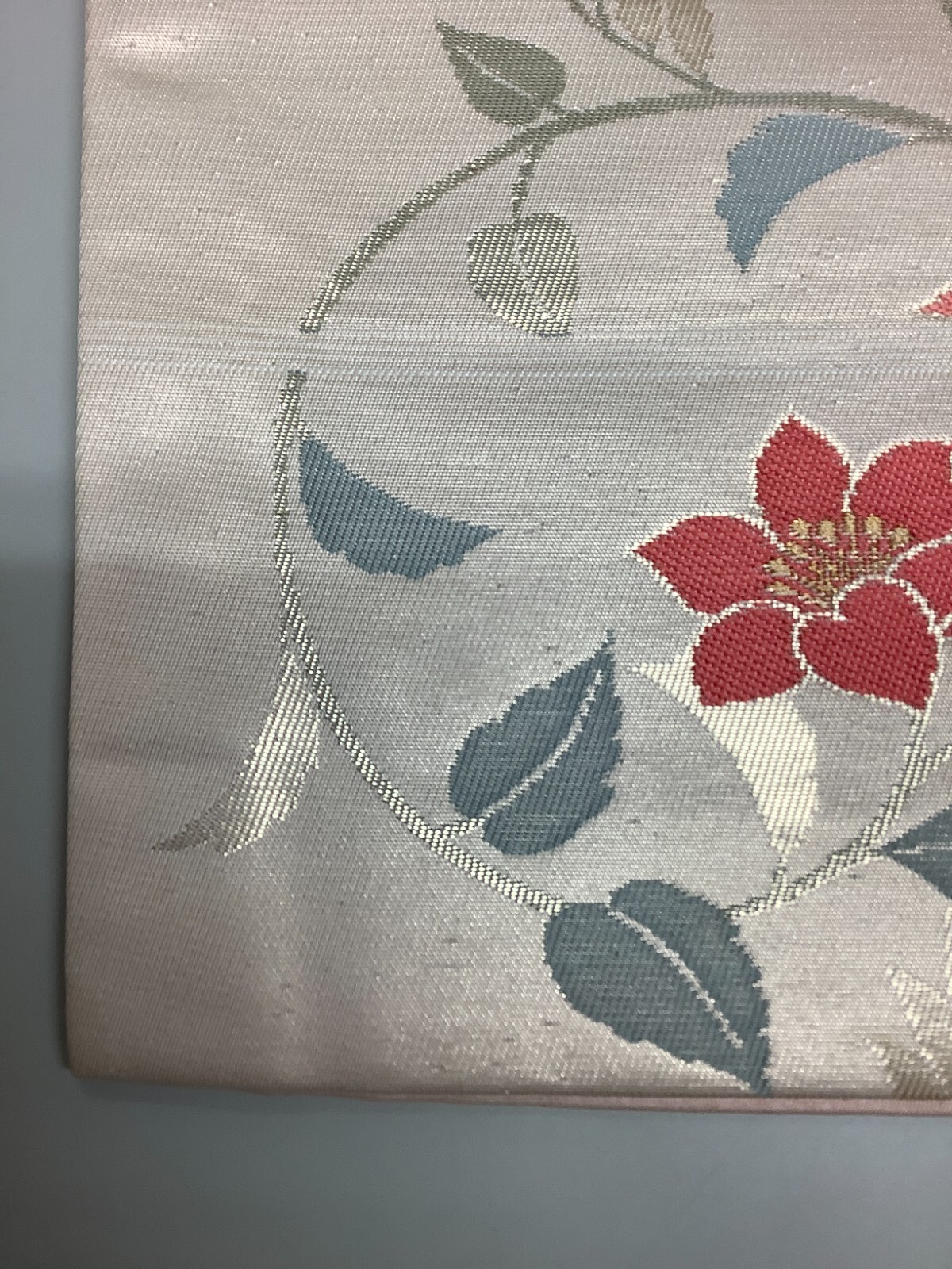 Japanese Vintage Kimono Nagoya Obi pure silk beige flower expensive 142.5×11.8in