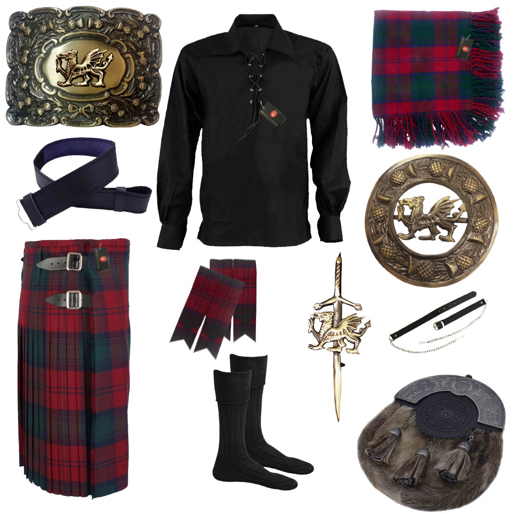 Lindsay Tartan Kilt Outfit Set Thistle Pin Buckle Brooch Hose Socks Flashes Wool
