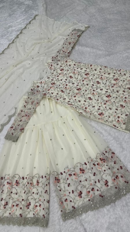 Classic Look Georgette White Palazzo Suit With Dupatta For Traditional Wear