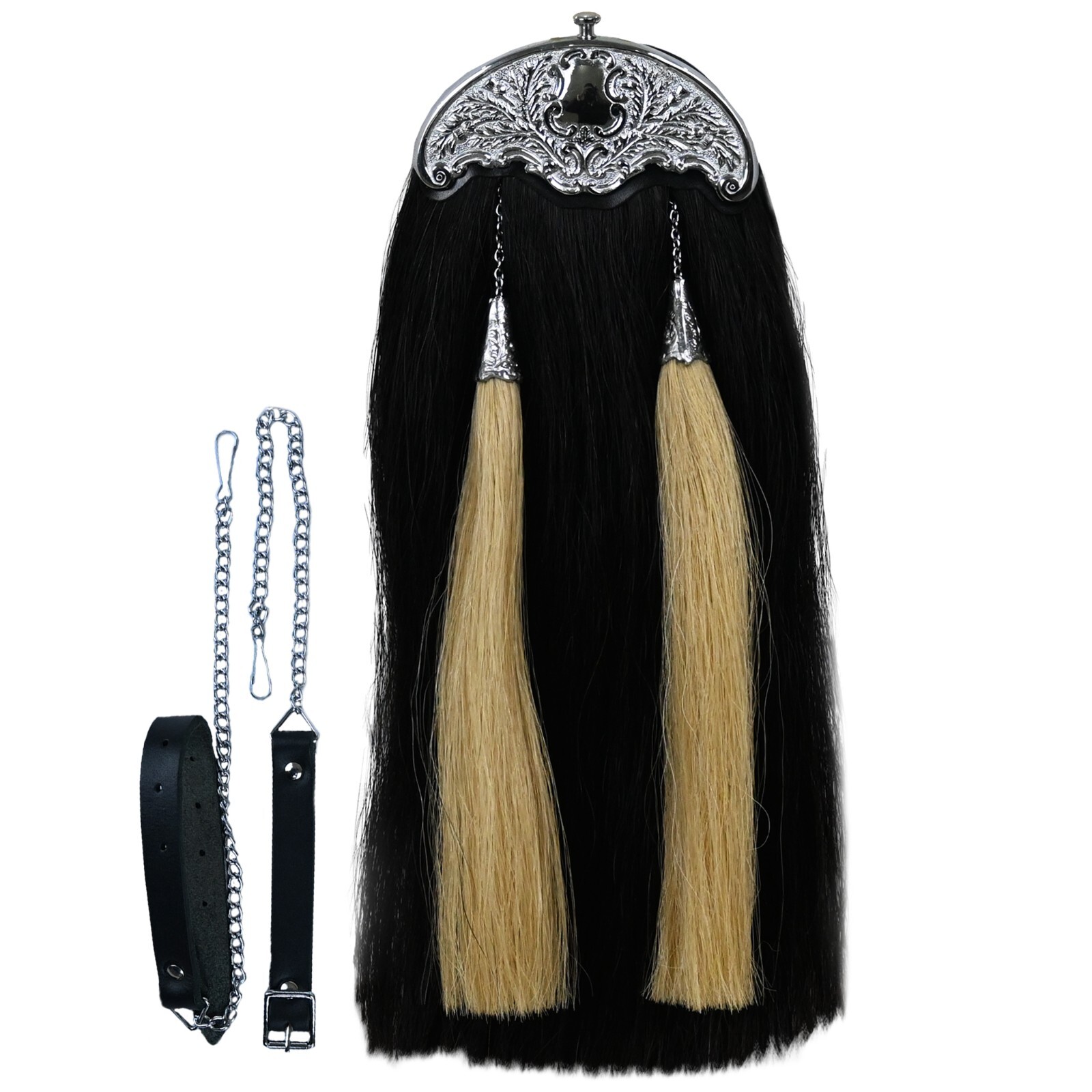 Traditional Scottish kilt sporran Real Horse Hair Sporran Black + White Tassels
