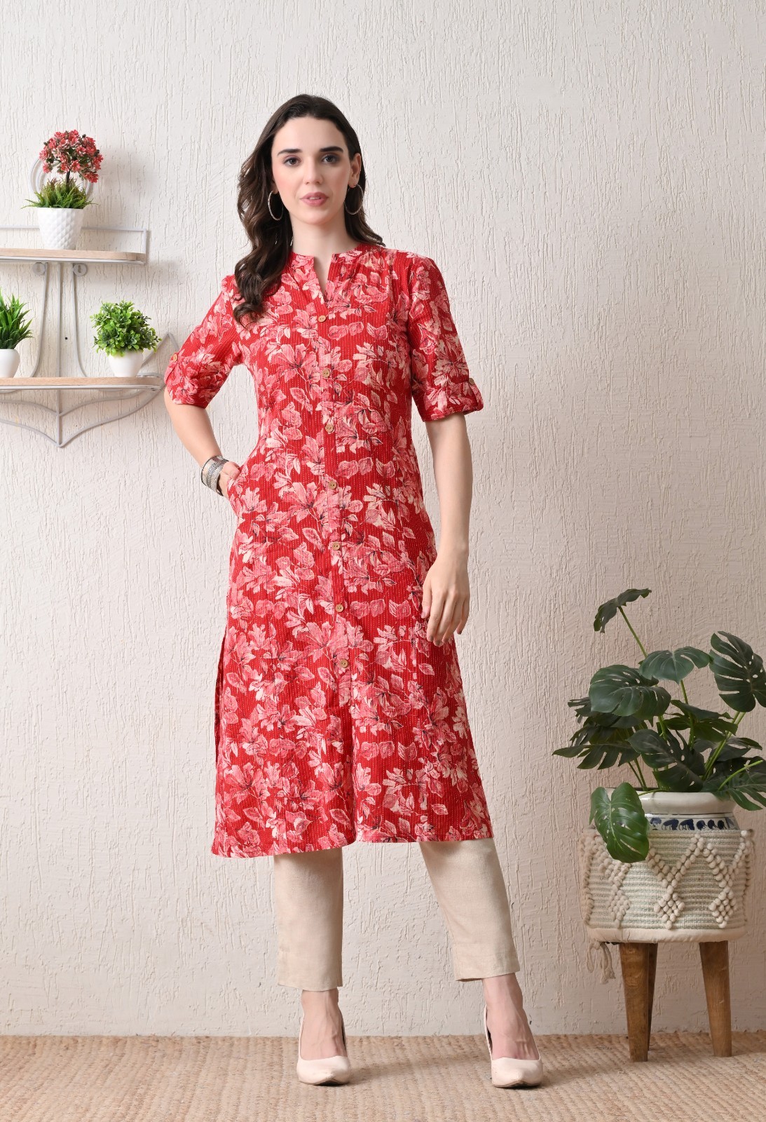 Ethnic A-Line Katha Printed Red Long Kurta Daily wear/Office wear/Casual Wear