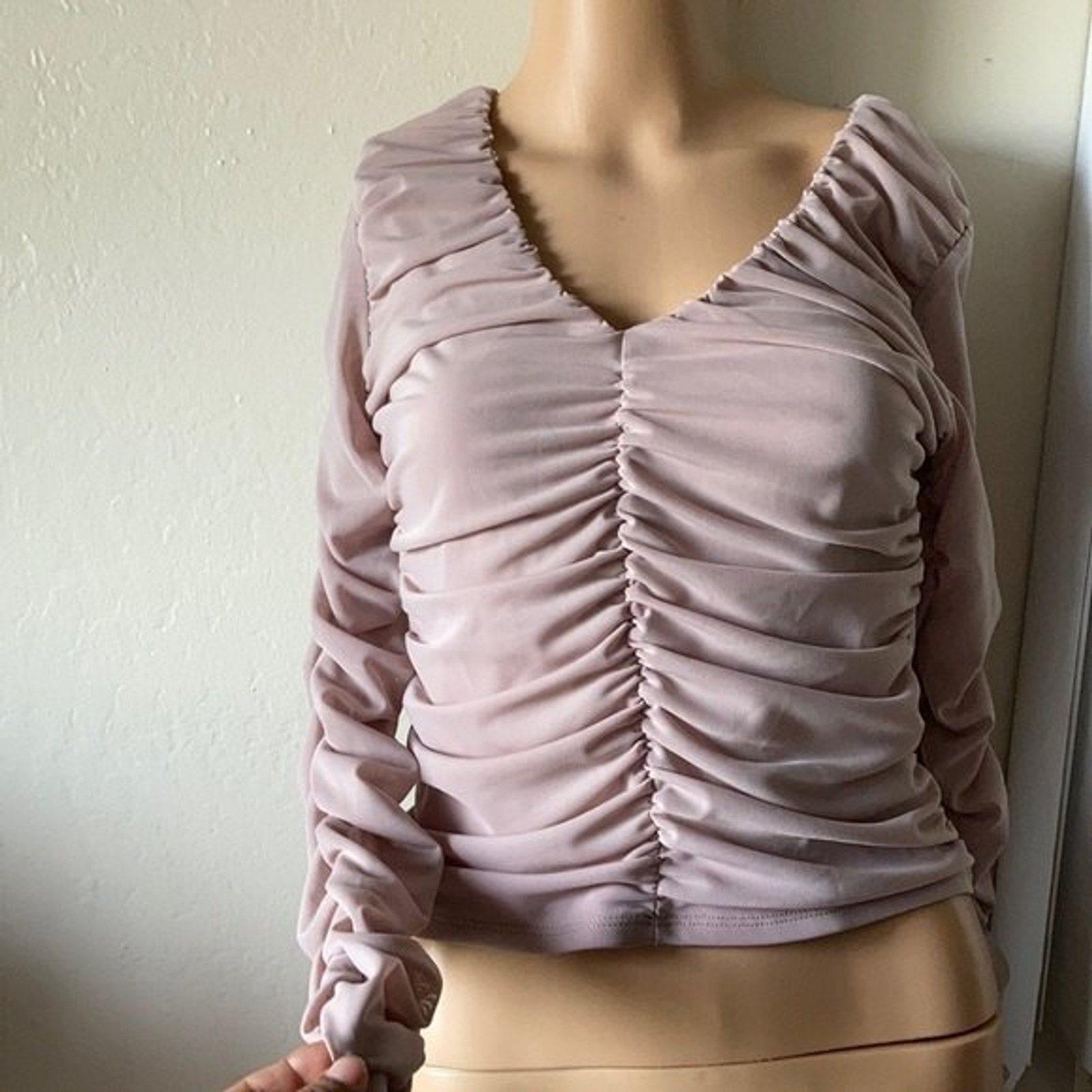 Stella Luce Dusty Mauve Sheer Ruched Long Sleeve Blouse (M)