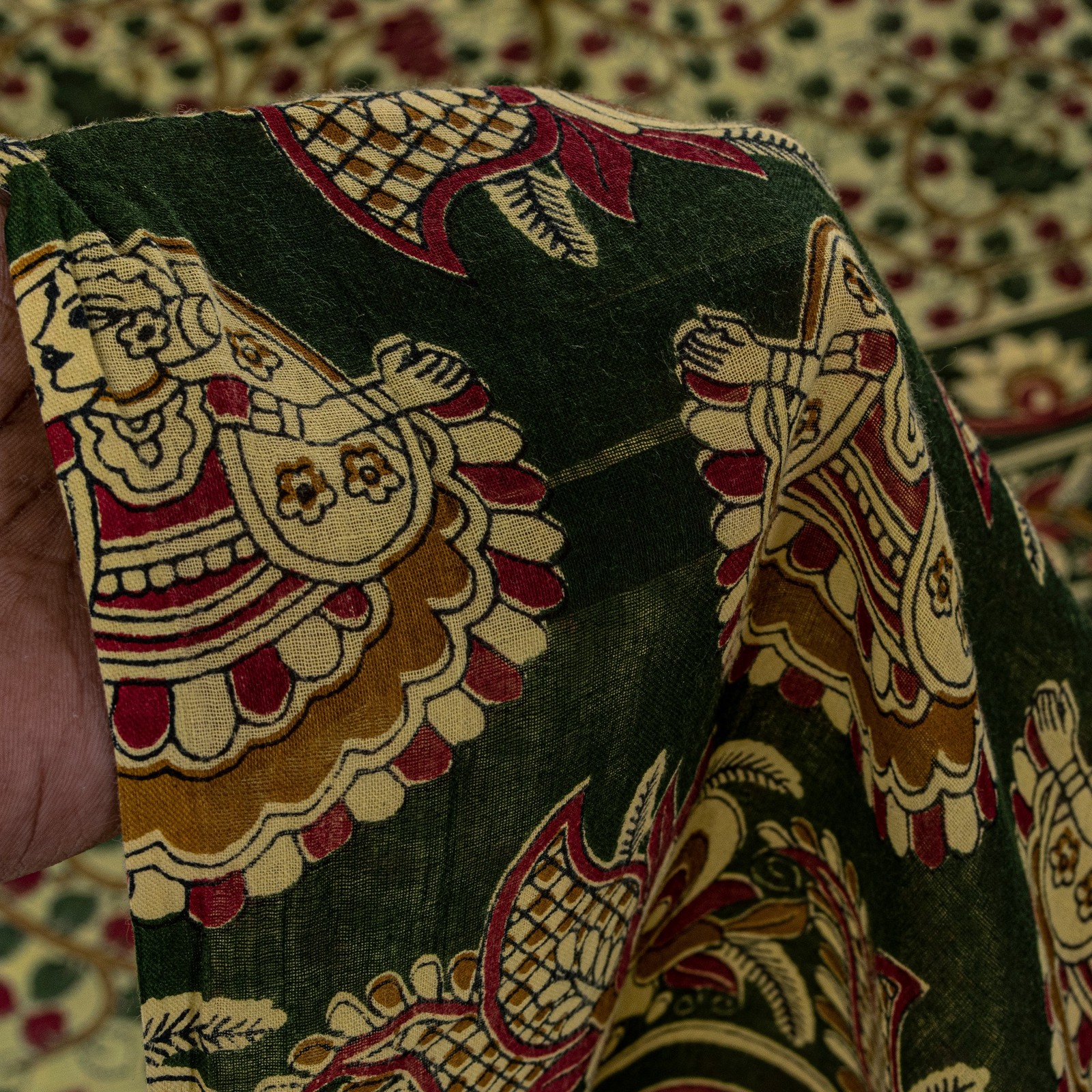 Sanskriti Vintage Cream Saree Pure Cotton Hand Block Kalamakari Peacock Sari 5.5