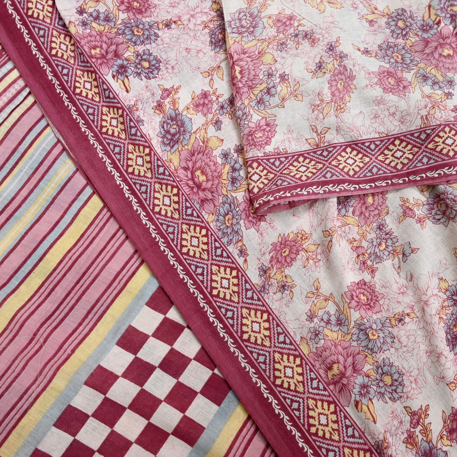 Vintage Sari Ivory & Pink Printed Blend Cotton Saree Craft Fabric 5Yd Soft Sewi