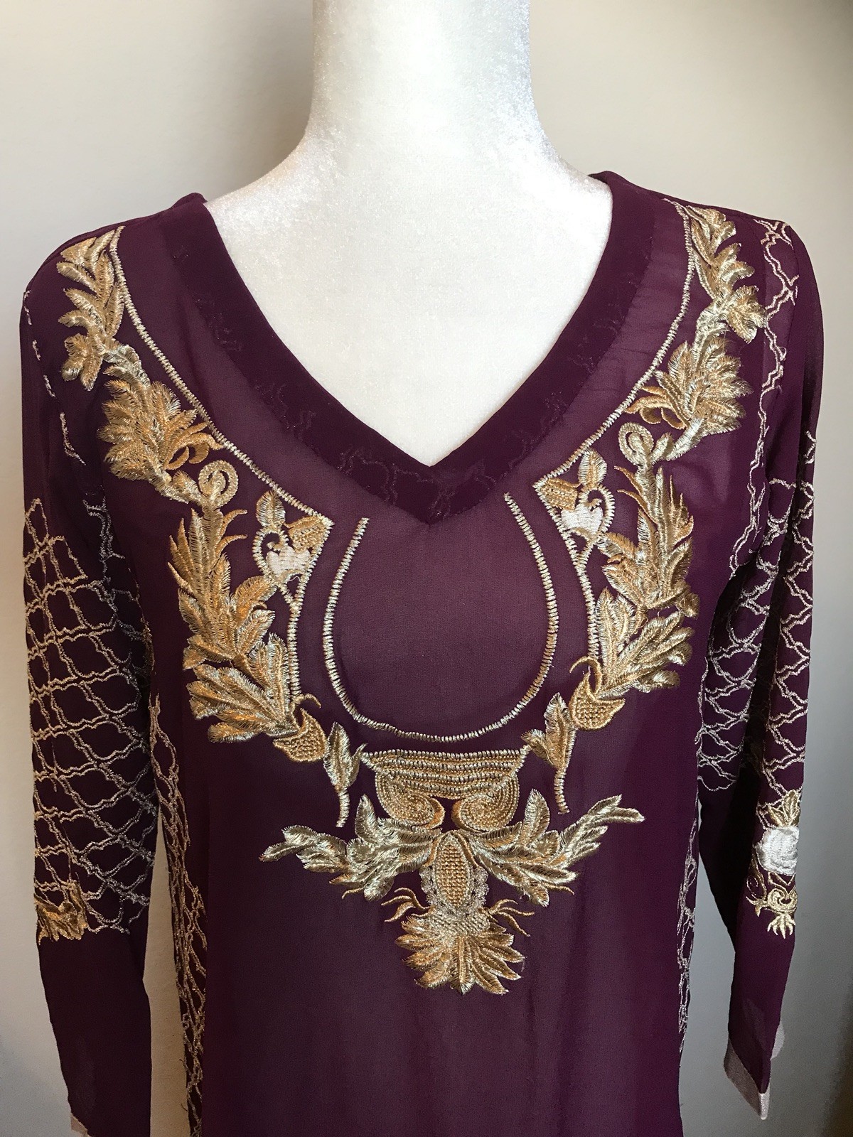 Women Formal Party Kurta Heavy Golden Embroidery Sz L Deep Mauve Color