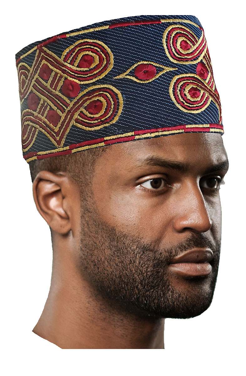 Navy-Blue Embroidered African Hand Woven ASO Oke Hat