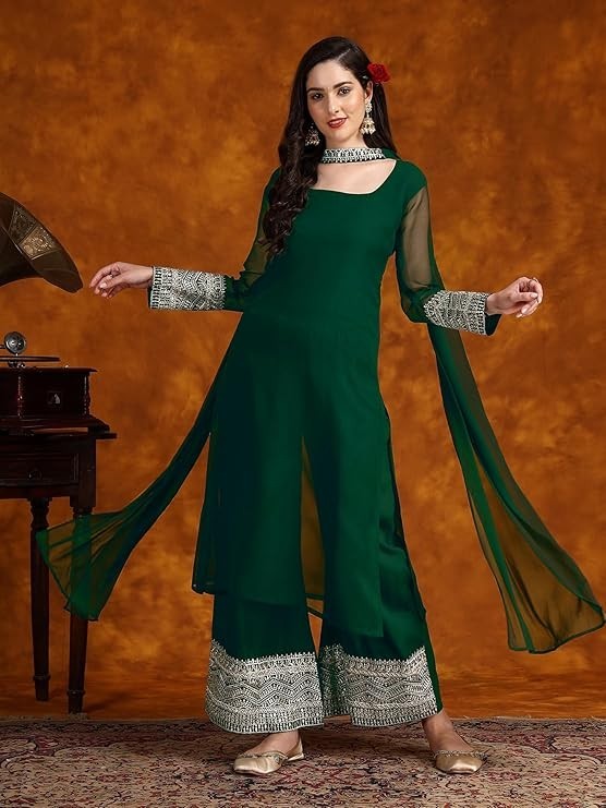 Women’s Georgette Embridered Kurta Palazzo and Dupatta Set