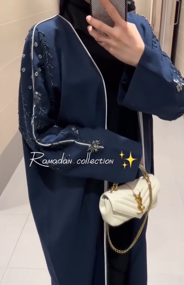 Blue Linen Dubai Abaya Luxury Hand Embroidered Beautiful Light Fabric
