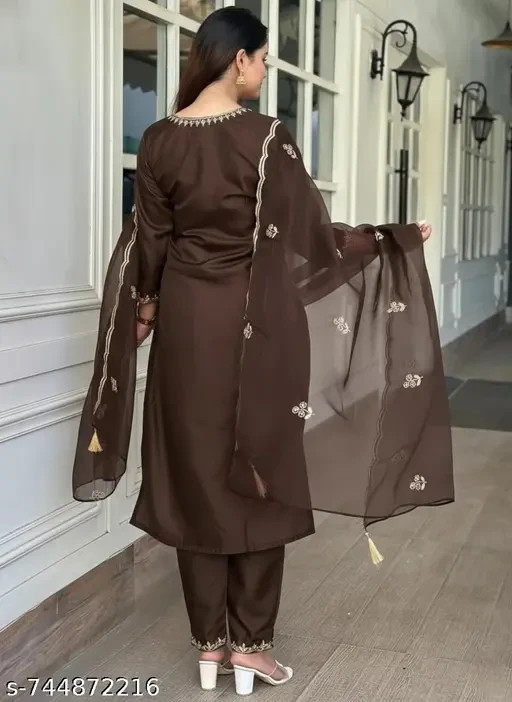 Embroidered Work Cotton Silk Readymade Salwar Suit in Coffee Brown for Women