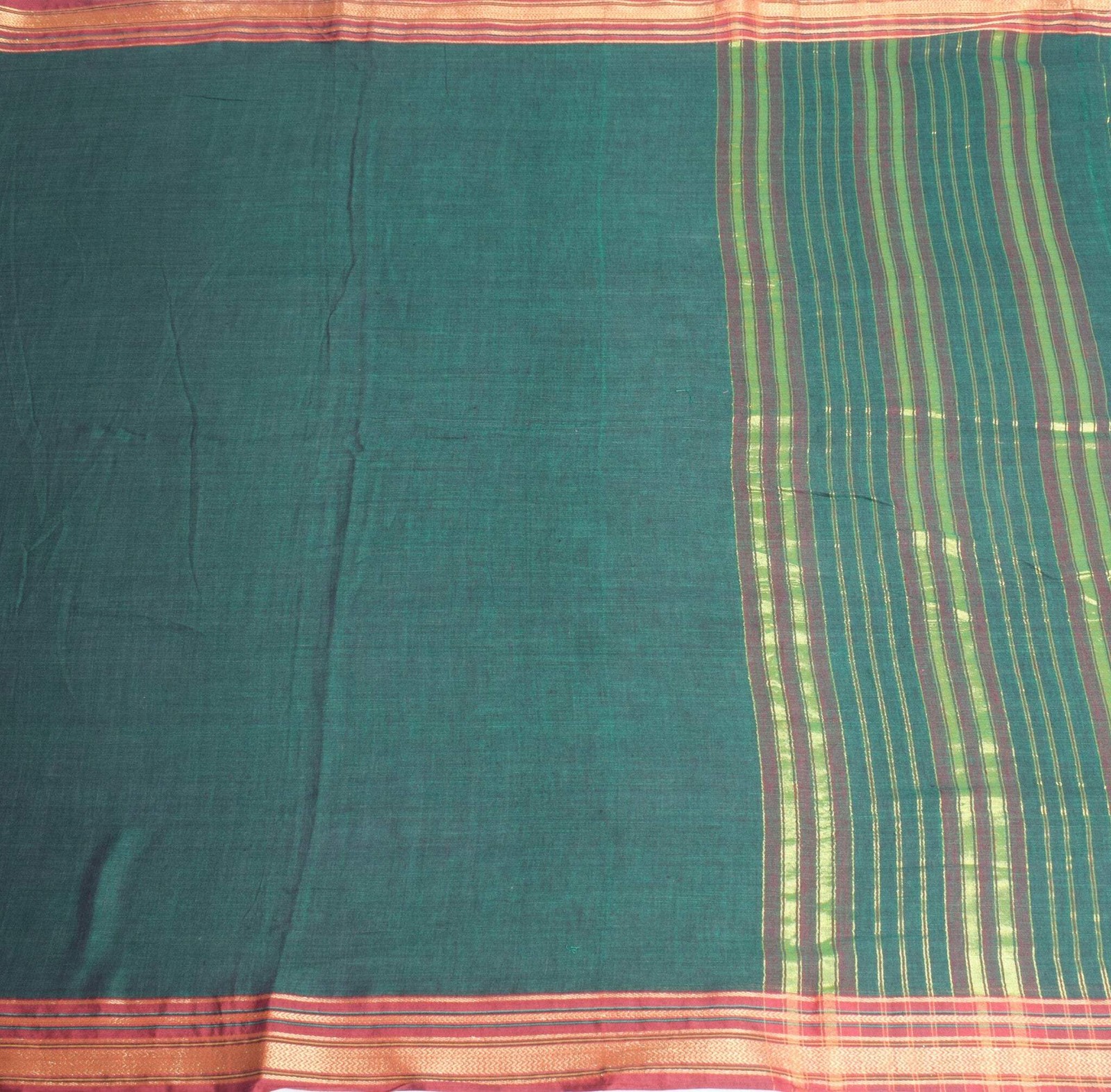 Sushila Vintage Dark Green Saree with Maroon Woven Border PureCotton Sari Fabric