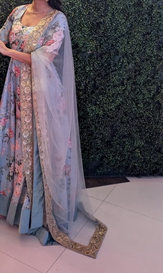 Sky Blue Floral Floor Length Anarkali w/ Pants and Net Dupatta