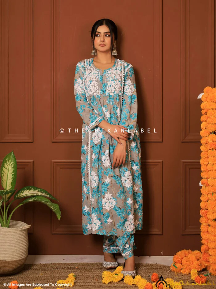 Green Modal Chikankari Straight Kurta Set Lucknow Chikankari Handcrafted Set