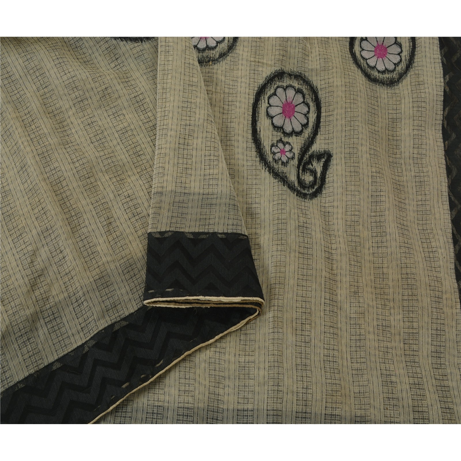 Sanskriti Vintage Cream Sarees Art Silk Embroidered Woven Craft 5 Yd Fabric Sari