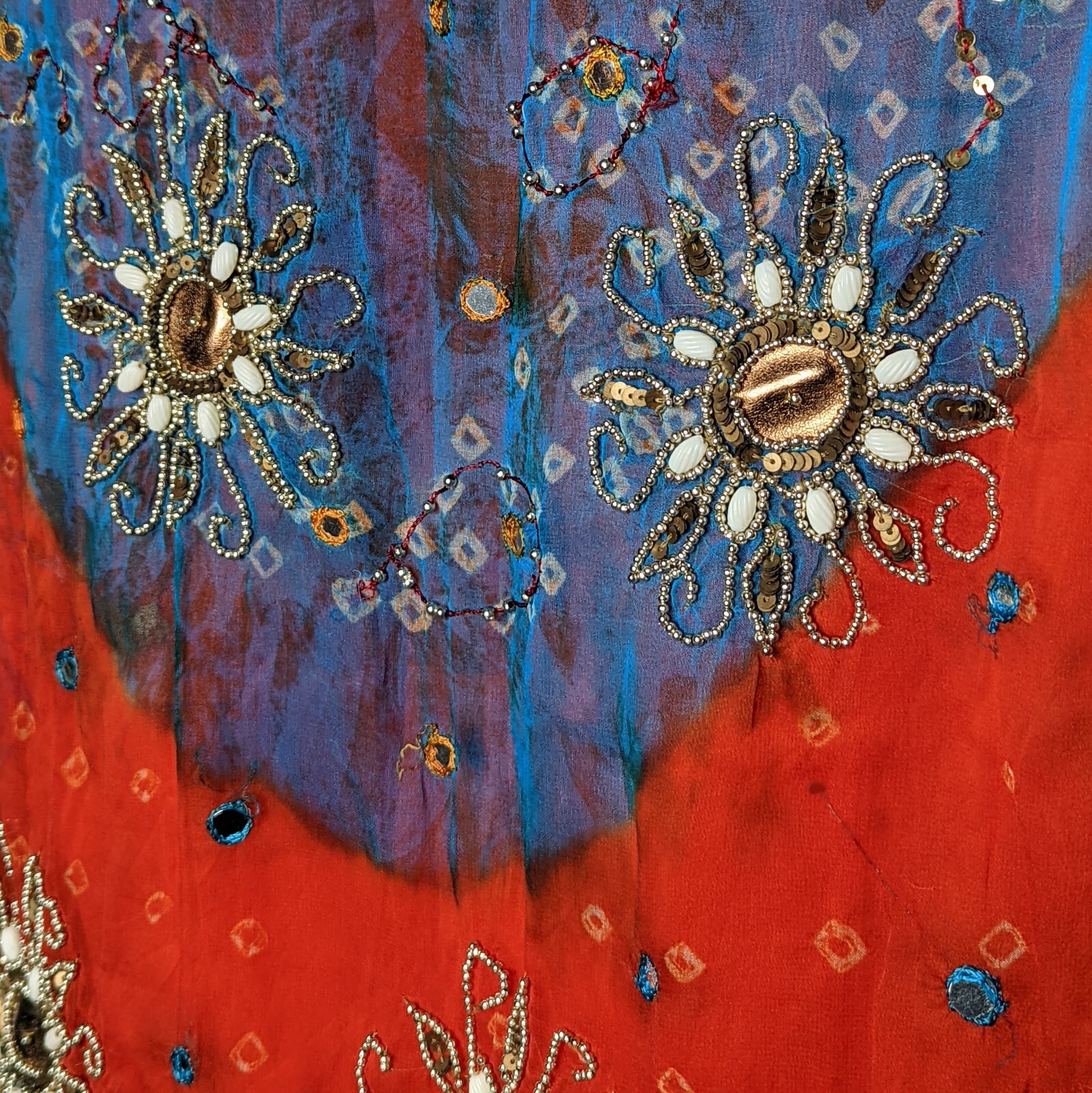 Indian Kurti Tunic Top Dress Women’s Sz 38 Red Blue Short Sleeves Bells Lined