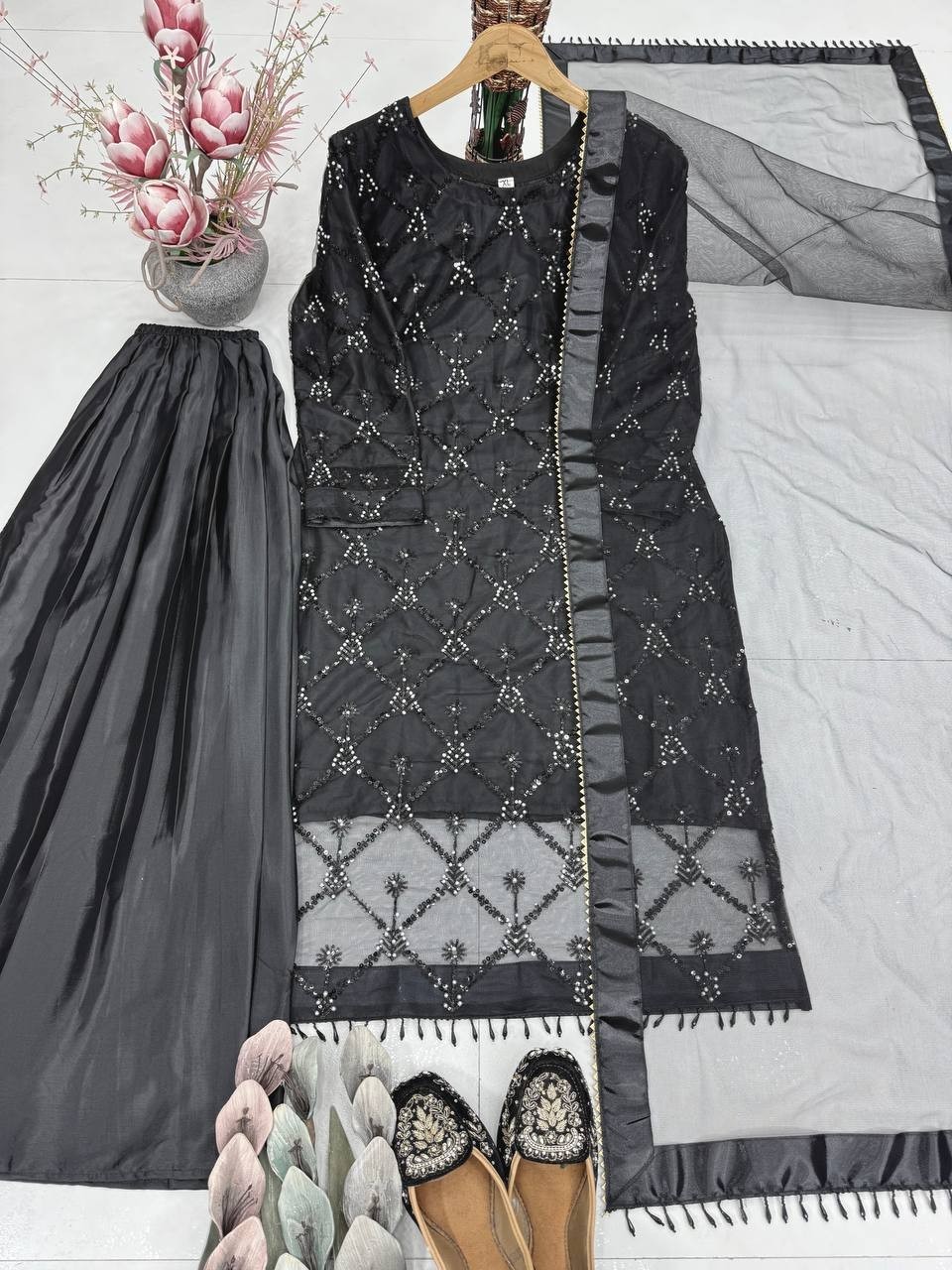 New Designer Heavy Soft Net Black Top Palazzo With Dupatta For Function Wear
