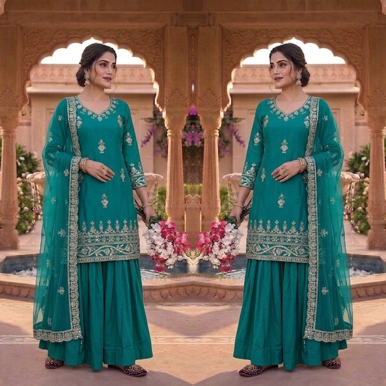Attractive Look Teal Green Crepe Silk Top Lehenga With Net Dupatta For Women