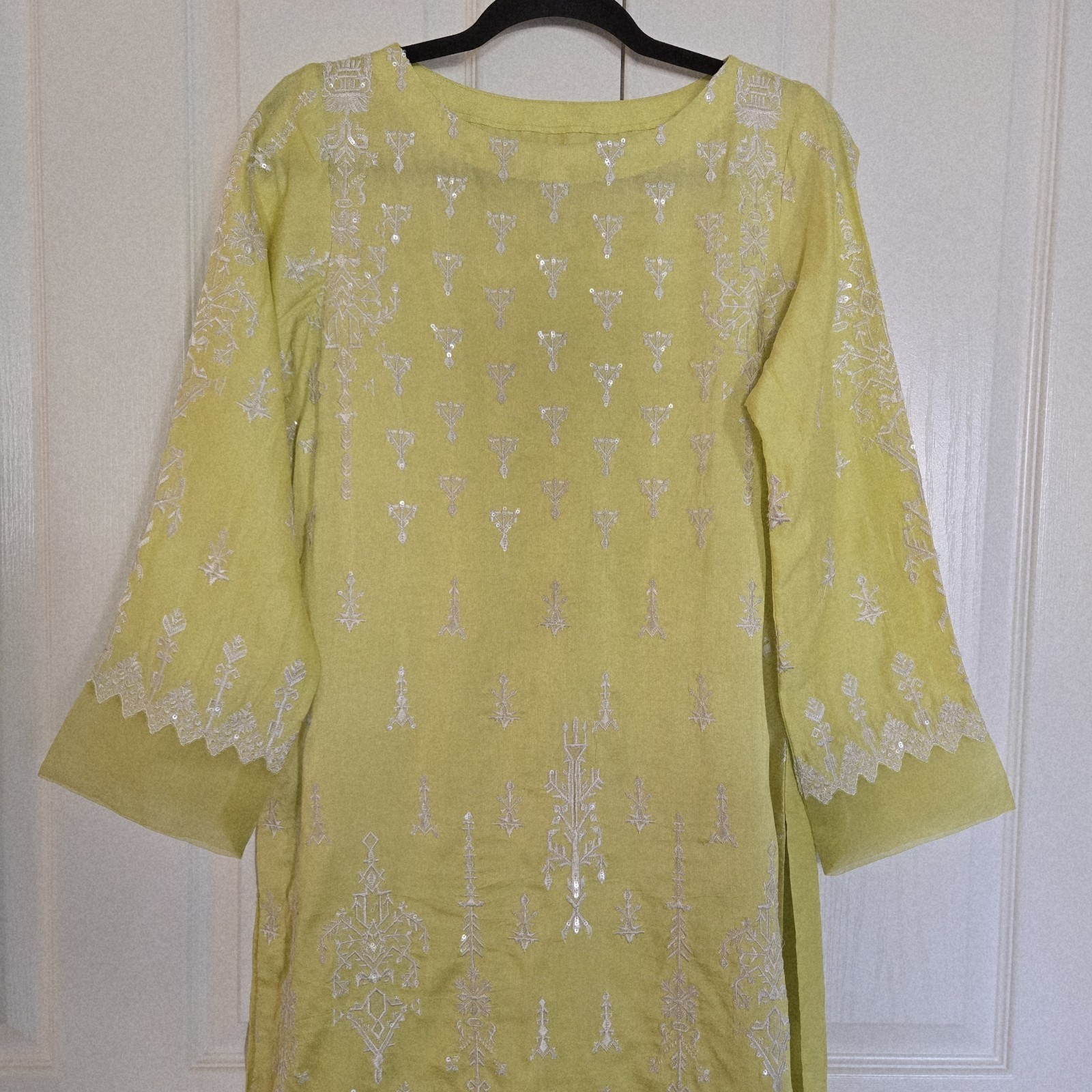 Embroidered Lime Yellow Top Shirt Long Kurti Cotton Silk Organza Size S/M