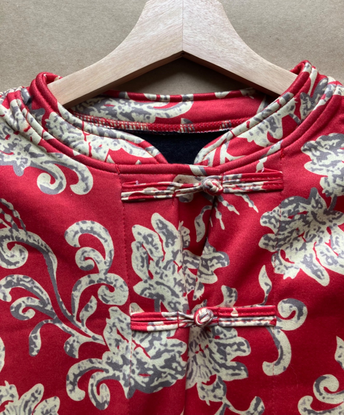 Women’s L Red Floral Fleece-Lined Jacket Chinese Frog Closure Coat Boho