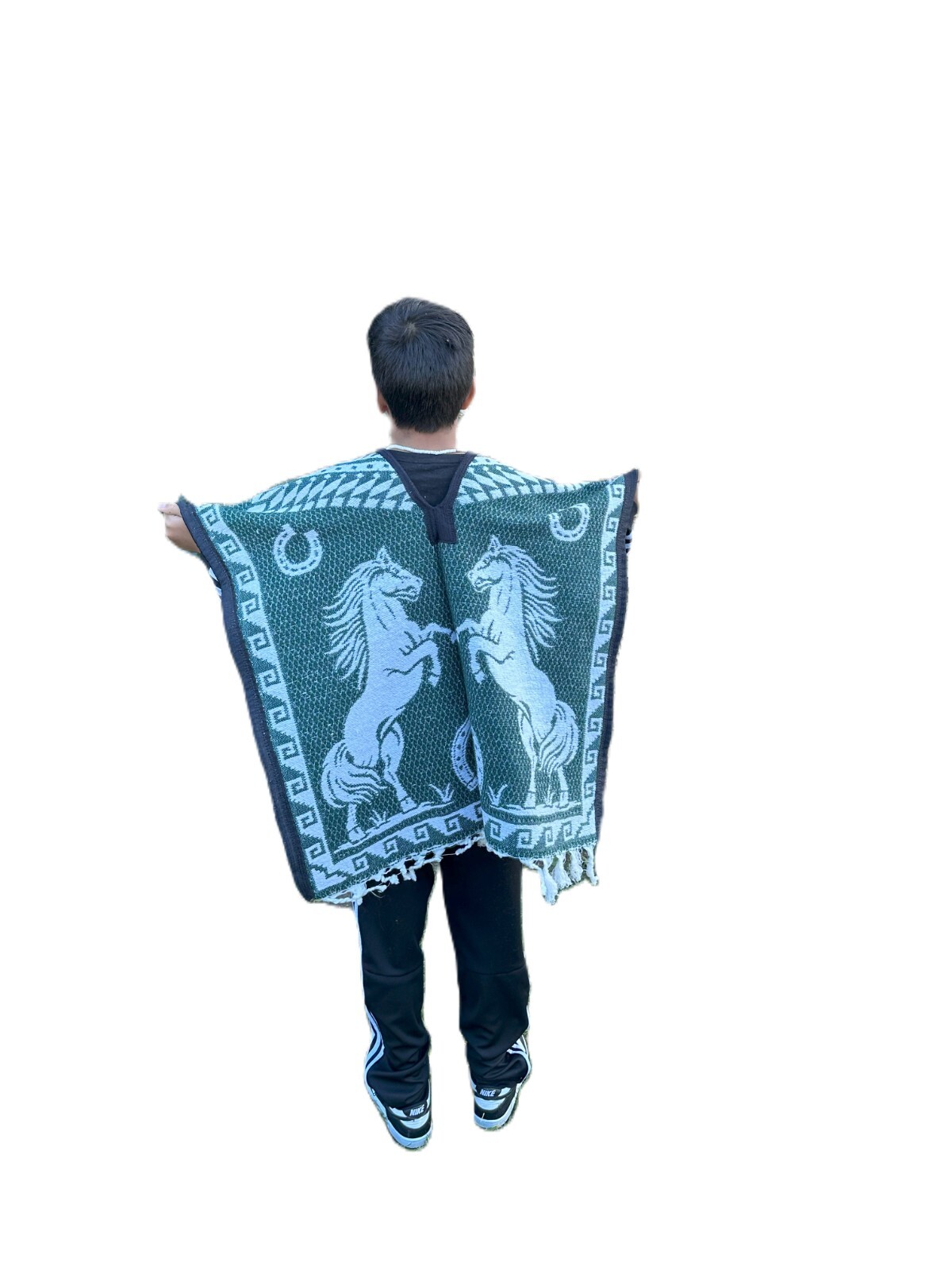 KIDS PONCHO ,COSTUME , BLANKET GABAN ,6-12 YEARS , HORSES , GREEN