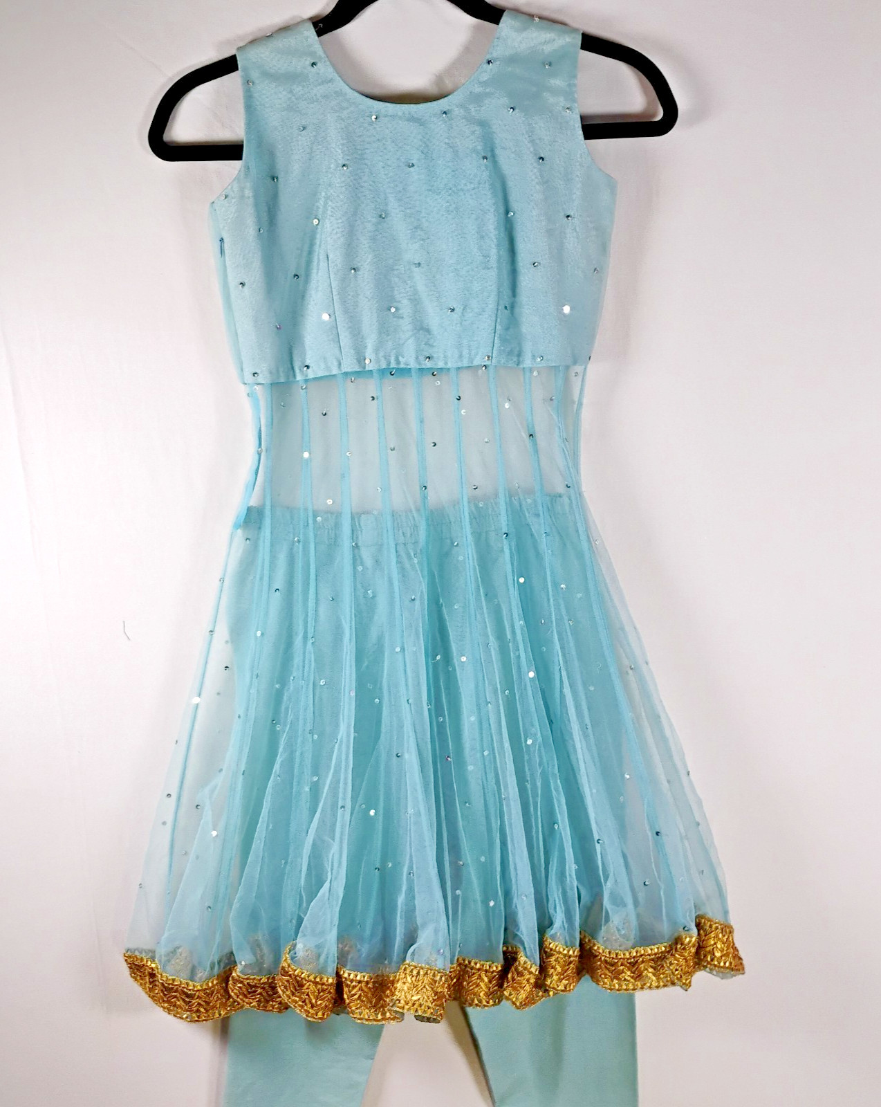 Girls Salwar Kameez Anarkali Set Blue Gold Party Wear Size 8-10? (26″ Chest)