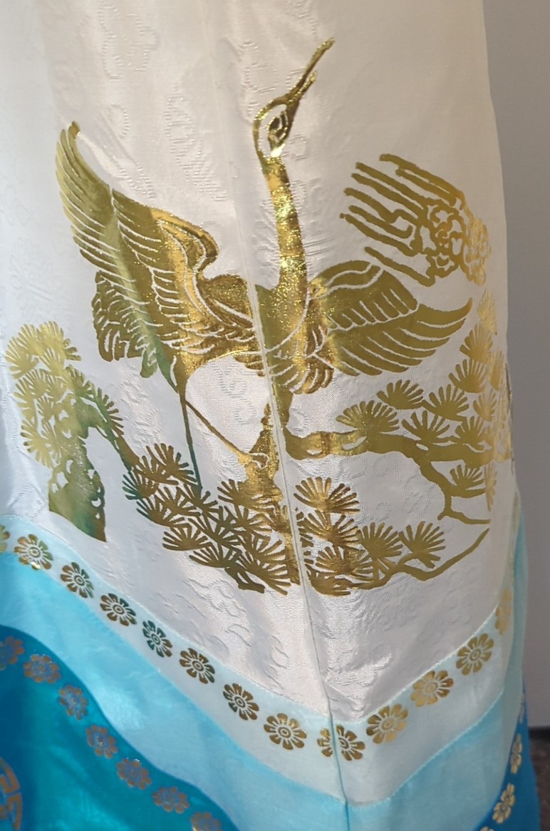 Korean Traditional Dress Hanbok White Blue Gold with Purse Medium Large