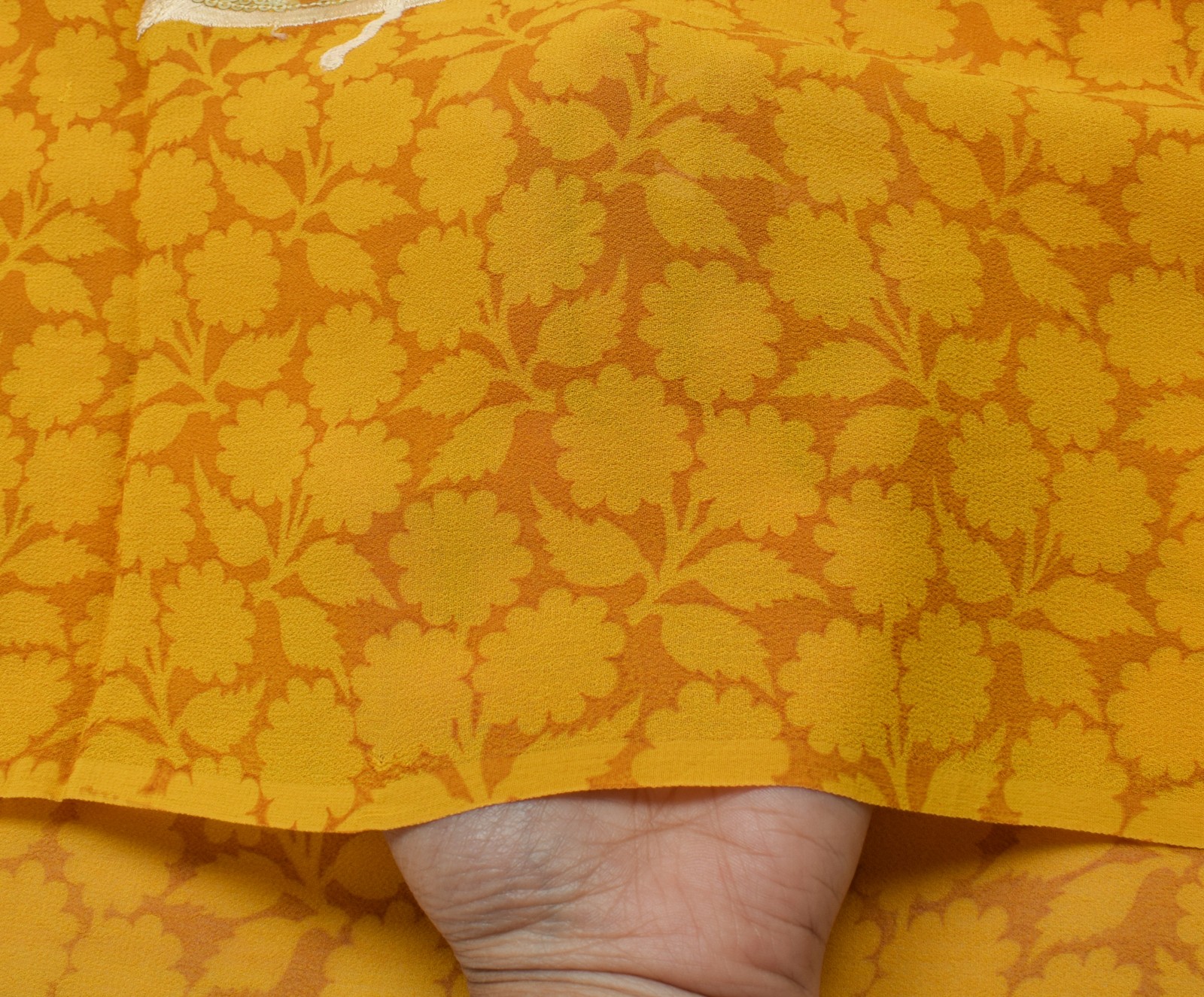 Sushila Vintage Mustard Saree Pure Georgette Printed & Embroidered Sari Fabric