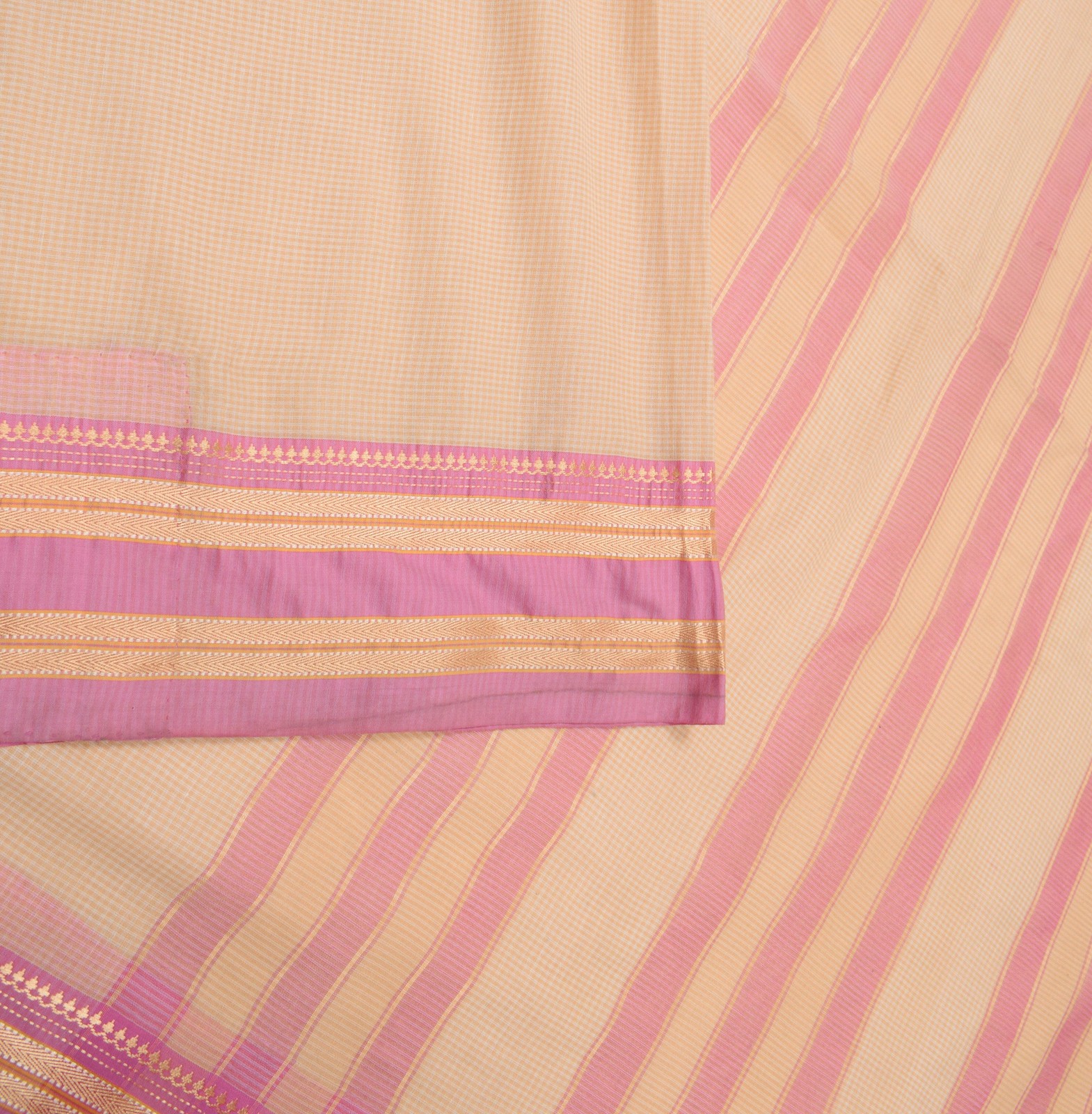 Sushila Vintage Cream Checks Saree Stripes Border Art Cotton Sari 6 Yard Fabric