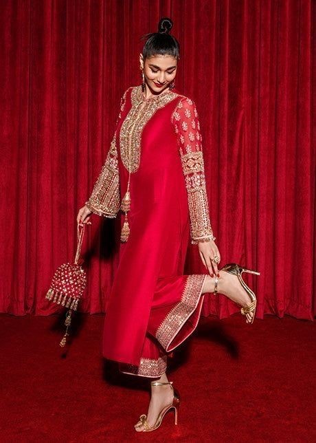 Party Wear Red Classy Designer handwork machine work suit