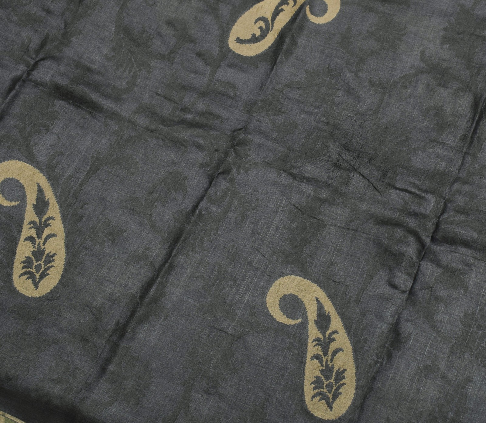 Sushila Vintage Black Saree with Green Border Pure Tussar Silk Woven Sari Fabric