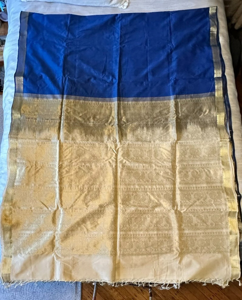 NEW Indian Womens Brocade Silk Sari Fabric Royal Blue & Gold Peacock