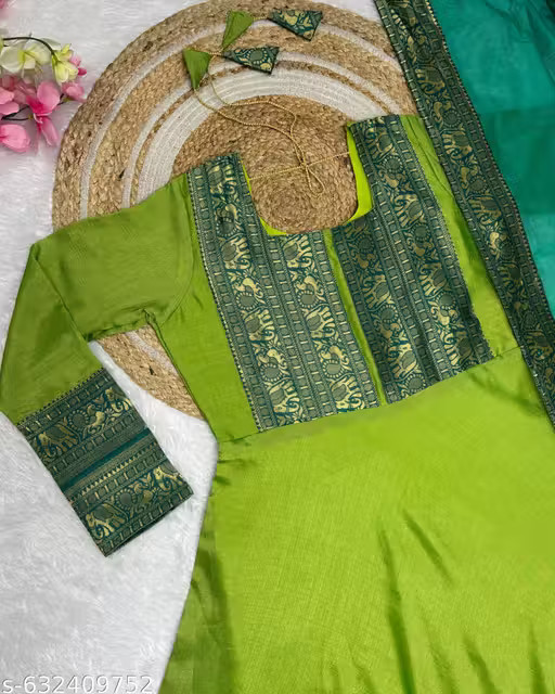 Women Parrot Green Anarkali Gown with Teal Blue Dupatta Set For Onam