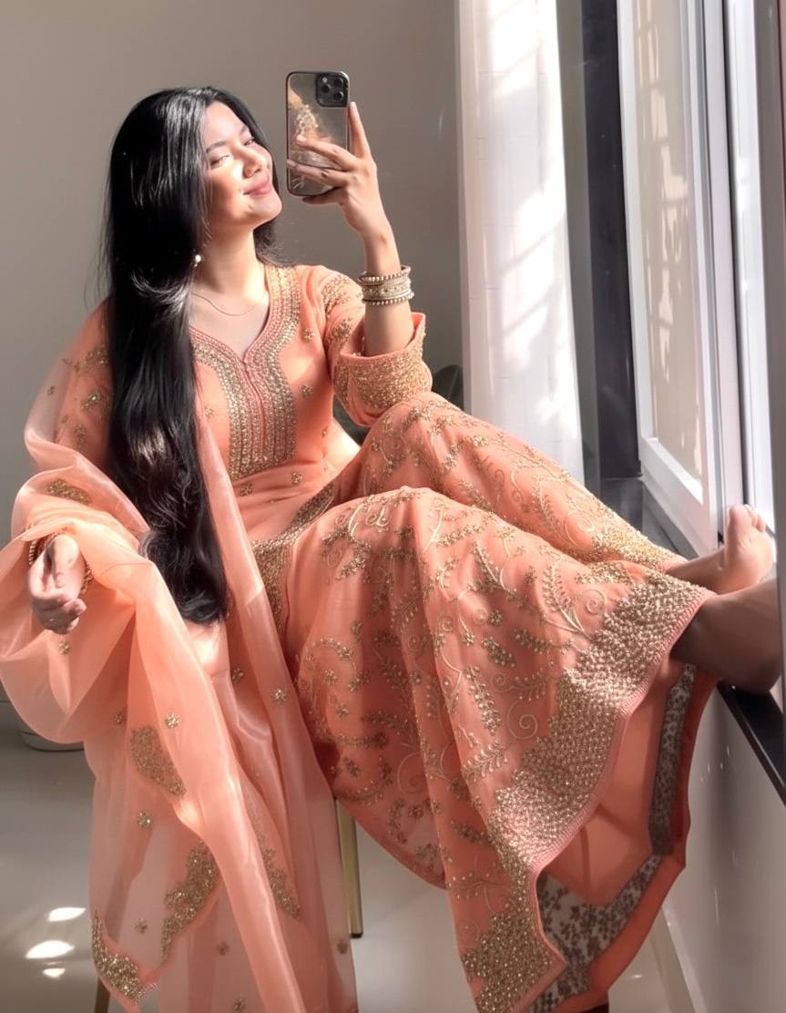 Latest Natural Crap Silk Peach Salwar Kameez With Dupatta For Traditional Wear