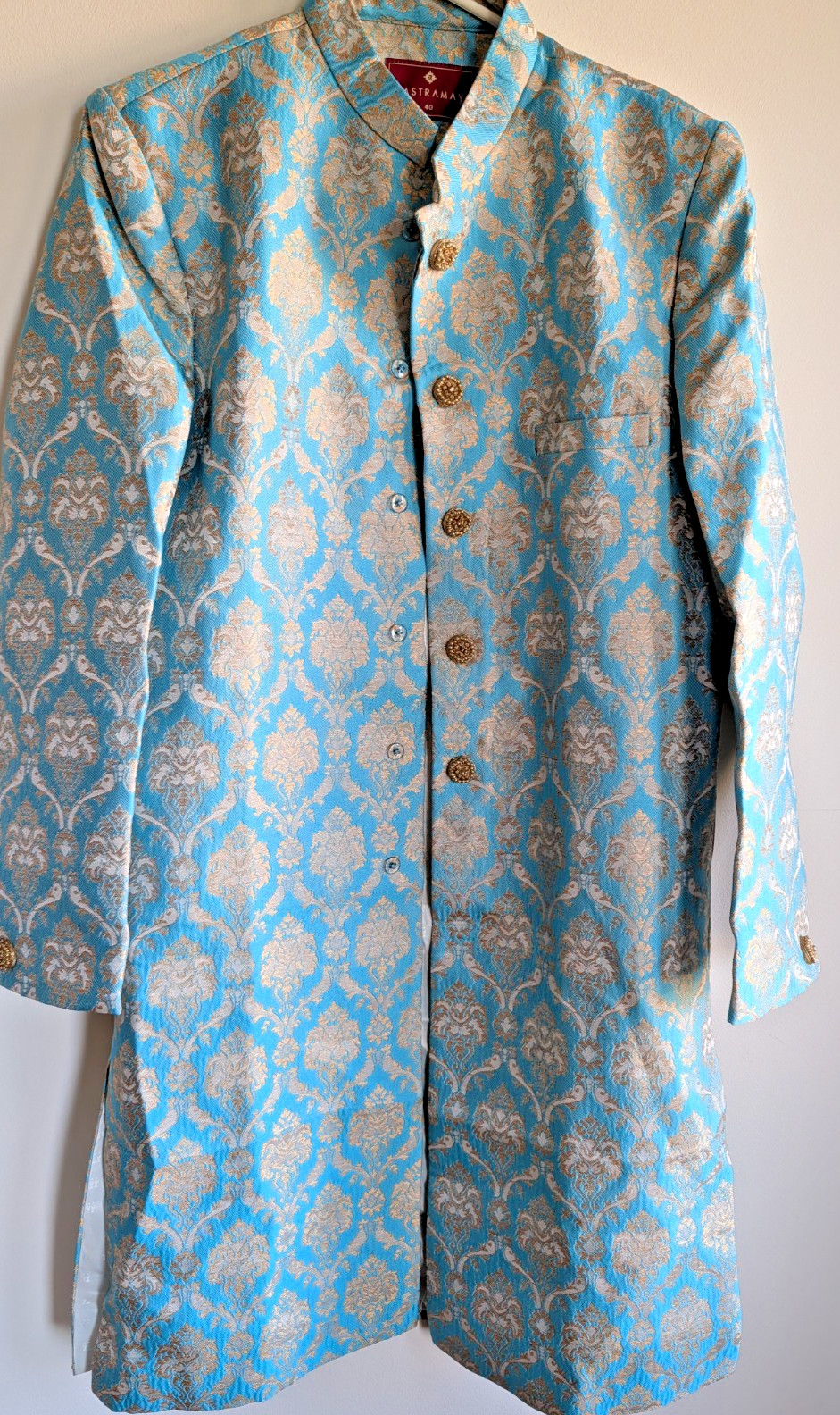 Sherwani Indo Western Set Aqua Gold Mandarin Neck Party Wedding Wear 42 “x 21”
