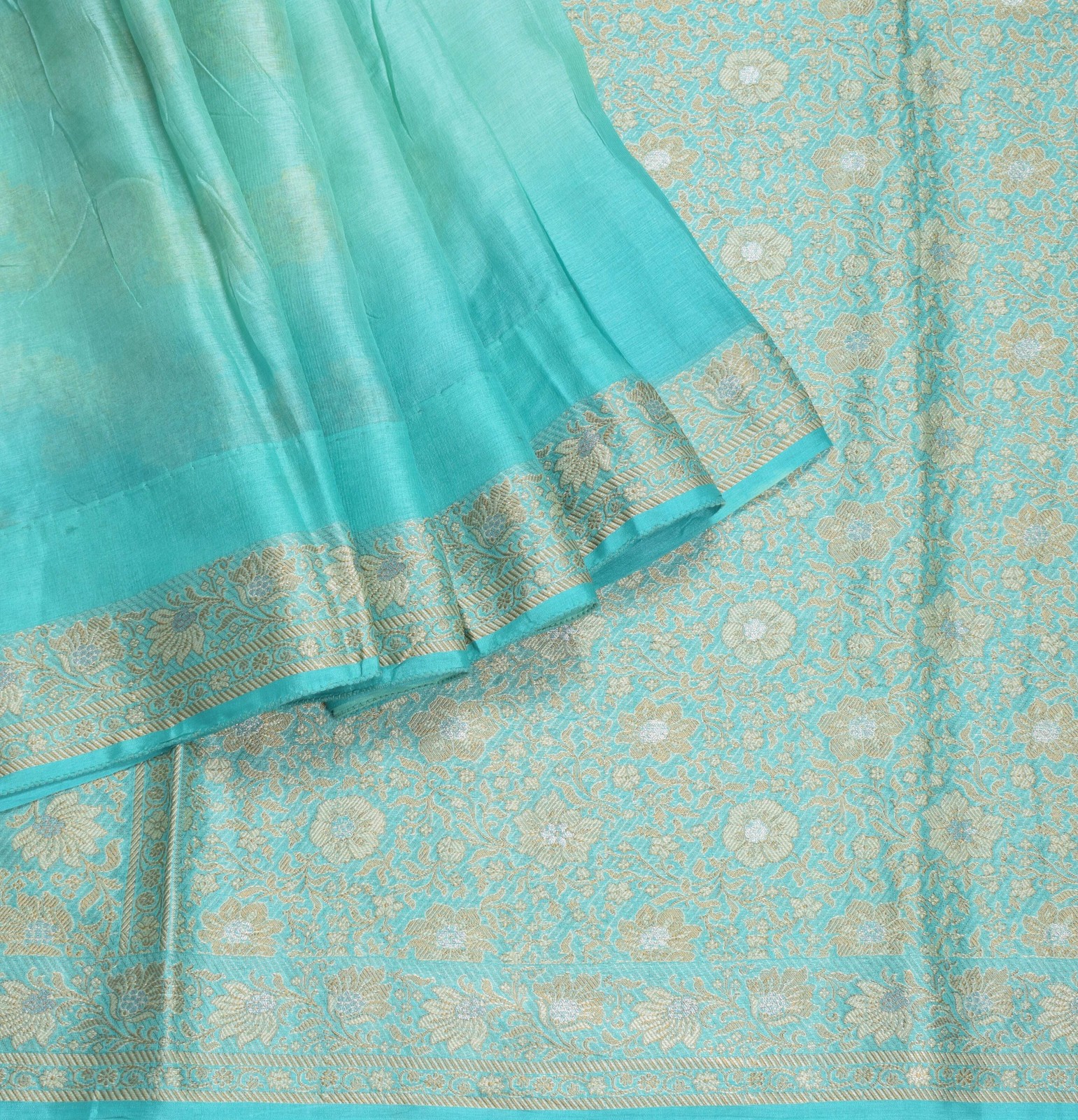 Sushila Vintage Aqua Resham Woven Saree Pure Tussar Silk Sari Craft Fabric
