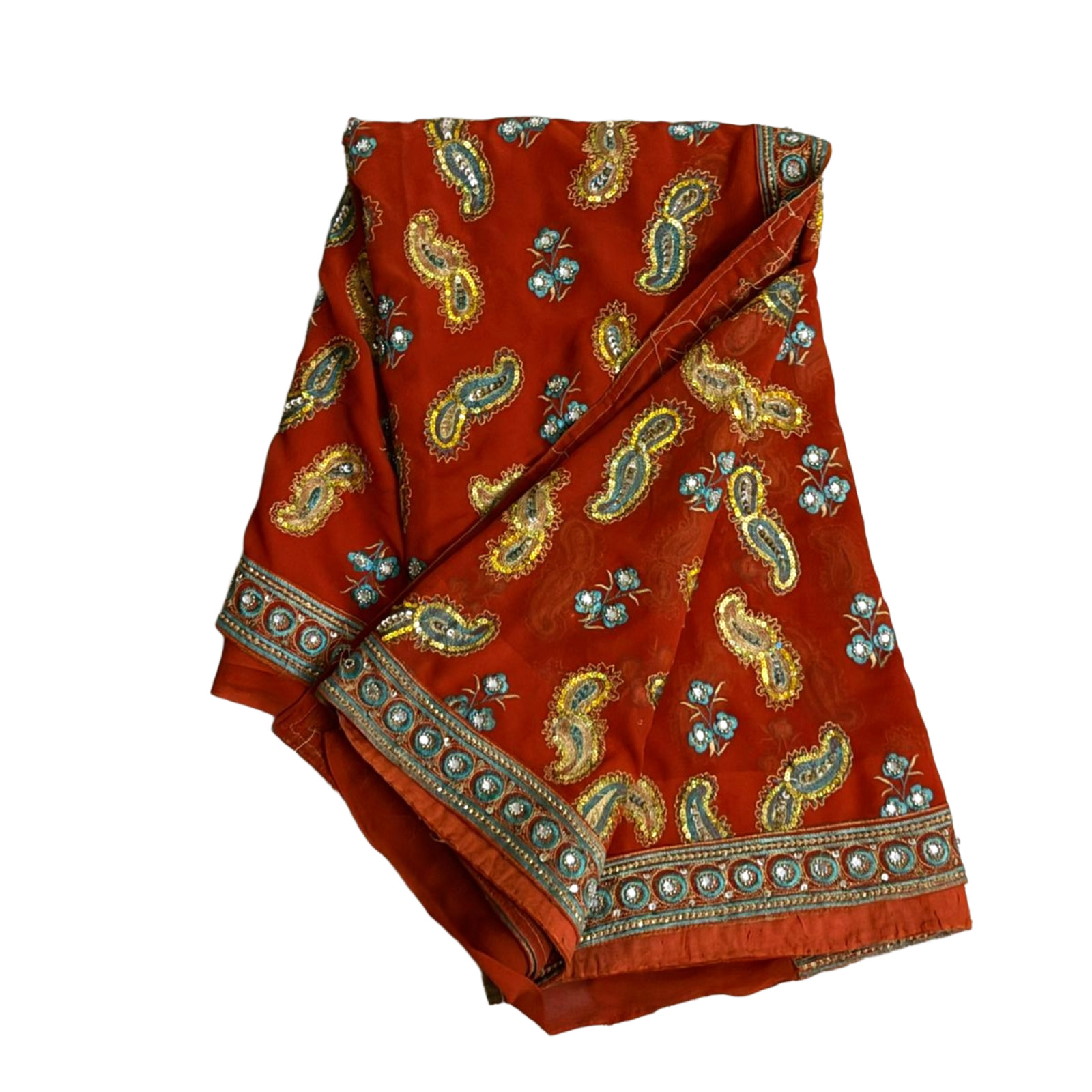 Orange Heavy Embroidered Saree Indian Vintage Georgette Recycled Fabric Sari Use