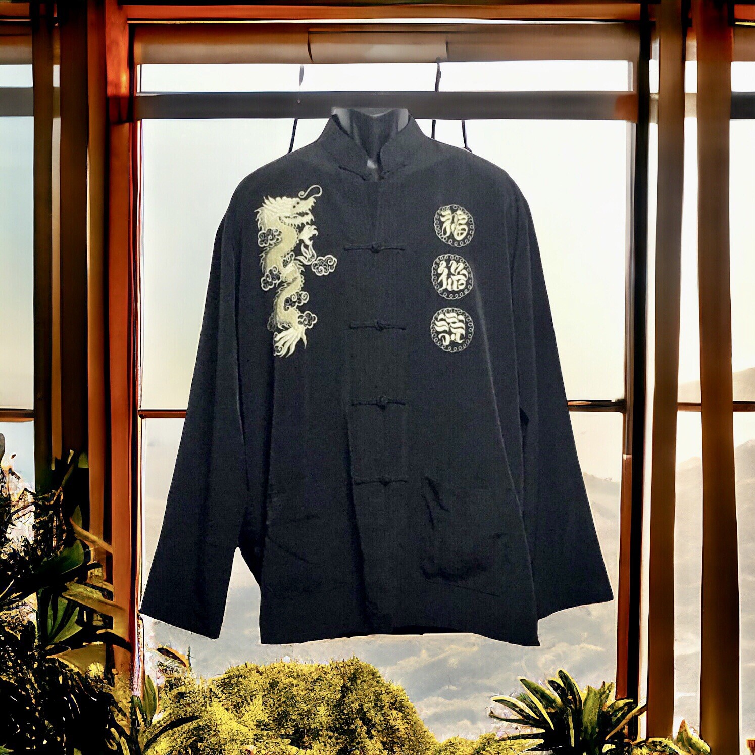 Asian Tang Silk Dragon Jacket Black Gold Embroidery￼ Frog Loop Fits Adult M/L
